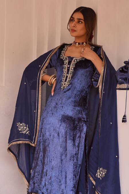 Karaj Jaipur Blue Velvet, Organza Embroidery Round Neck Iris Fleur Kurta Pant Set at Aza Fashions Karaj Jaipur_Blue Velvet, Organza Embroidery Round Neck Iris Fleur Kurta Pant Set _at_Aza_Fashions