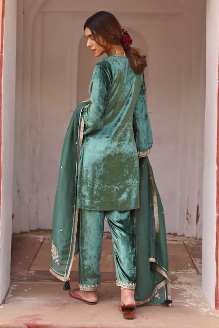 Shop Karaj Jaipur Green Velvet, Organza Sequins, Gardenia Yoke Embroidered Short Kurta Pant Set at Aza Fashions Shop_Karaj Jaipur_Green Velvet, Organza Sequins, Gardenia Yoke Embroidered Short Kurta Pant Set _at_Aza_Fashions
