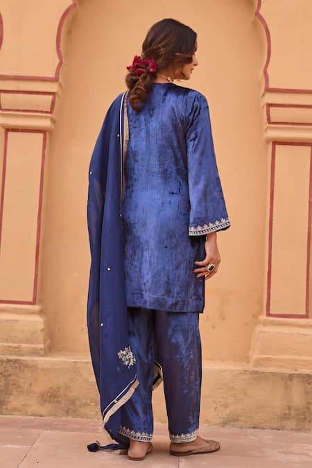 Karaj Jaipur Iris Gardenia Yoke Embroidered Short Kurta Pant Set 