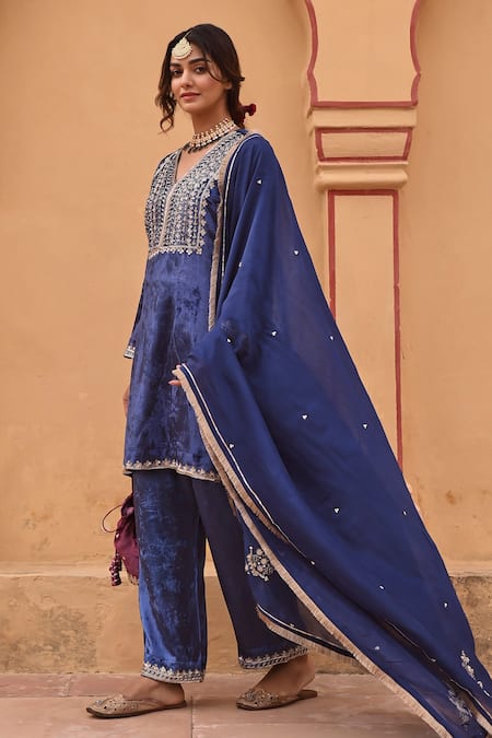 Shop_Karaj Jaipur_Blue Velvet, Organza Sequins, Cut Work, Iris Gardenia Yoke Short Kurta Pant Set _Online_at_Aza_Fashions