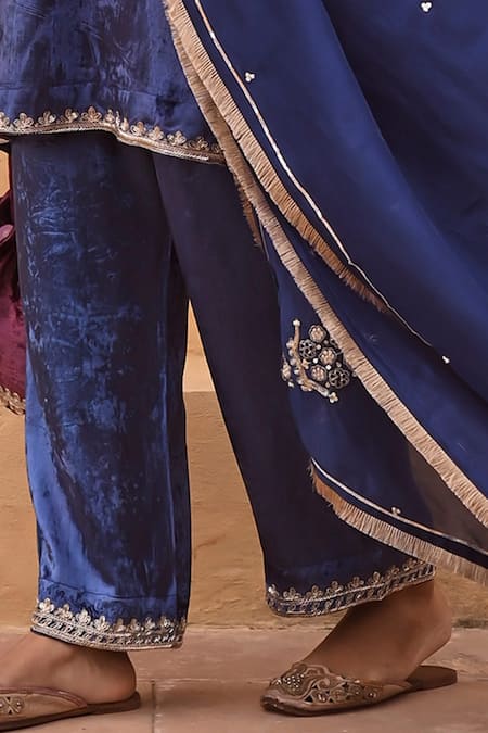 Karaj Jaipur_Blue Velvet, Organza Sequins, Cut Work, Iris Gardenia Yoke Short Kurta Pant Set _at_Aza_Fashions