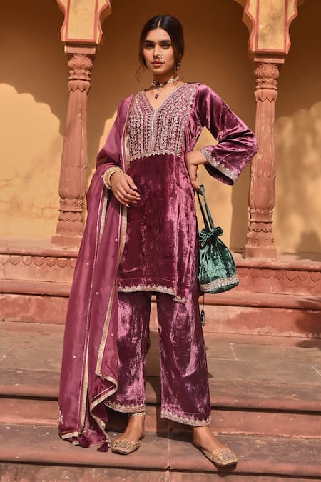 Buy Wine Kurta And Pant Velvet Embroidery Cut Ambrosia Yoke Short ...