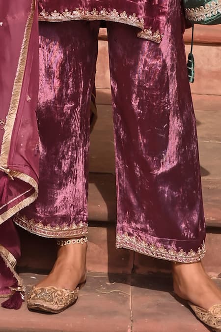 Karaj Jaipur_Wine Velvet, Organza Sequins, Cut Ambrosia Yoke Embroidered Short Kurta Pant Set _Online_at_Aza_Fashions