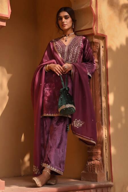 Shop_Karaj Jaipur_Wine Velvet, Organza Sequins, Cut Ambrosia Yoke Embroidered Short Kurta Pant Set _Online_at_Aza_Fashions