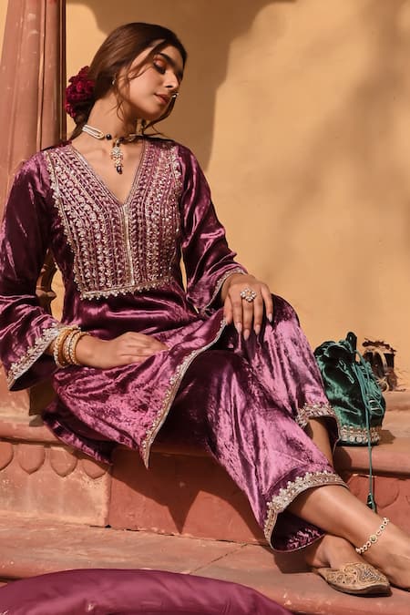 Karaj Jaipur_Wine Velvet, Organza Sequins, Cut Ambrosia Yoke Embroidered Short Kurta Pant Set _at_Aza_Fashions