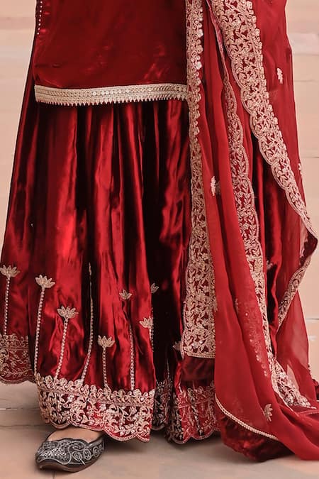 Karaj Jaipur_Red Velvet, Chiffon Embroidery Round Neck Bahar Fleur Dori Kurta Sharara Set _Online_at_Aza_Fashions