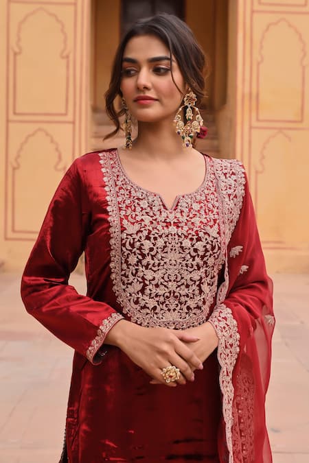 Shop_Karaj Jaipur_Red Velvet, Chiffon Embroidery Round Neck Bahar Fleur Dori Kurta Sharara Set _Online_at_Aza_Fashions