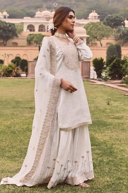 Buy_Karaj Jaipur_White Velvet, Chiffon Embroidery, Diamonds Lily Bahar Dori Kurta Sharara Set _Online_at_Aza_Fashions