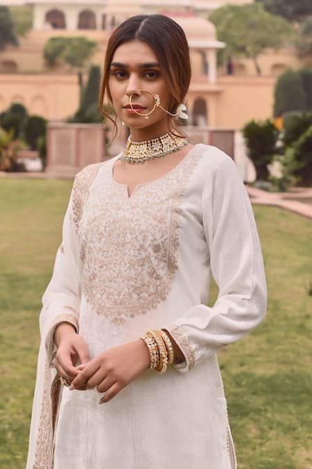 Shop_Karaj Jaipur_White Velvet, Chiffon Embroidery, Diamonds Lily Bahar Dori Kurta Sharara Set _Online_at_Aza_Fashions