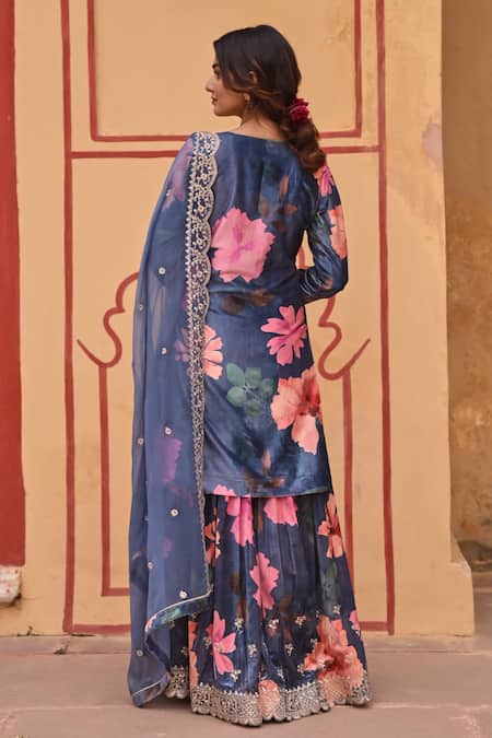 Shop Karaj Jaipur Blue Velvet, Chiffon Embroidery Blossom Print Dori Kurta Sharara Set at Aza Fashions Shop_Karaj Jaipur_Blue Velvet, Chiffon Embroidery Blossom Print Dori Kurta Sharara Set _at_Aza_Fashions
