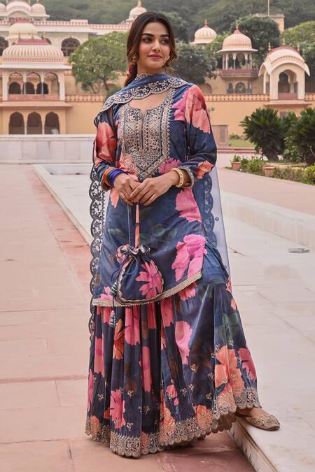 Karaj Jaipur Blue Velvet, Chiffon Embroidery Blossom Print Dori Kurta Sharara Set Online at Aza Fashions Karaj Jaipur_Blue Velvet, Chiffon Embroidery Blossom Print Dori Kurta Sharara Set _Online_at_Aza_Fashions