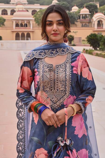 Buy Karaj Jaipur Blue Velvet, Chiffon Embroidery Blossom Print Dori Kurta Sharara Set Online at Aza Fashions Buy_Karaj Jaipur_Blue Velvet, Chiffon Embroidery Blossom Print Dori Kurta Sharara Set _Online_at_Aza_Fashions