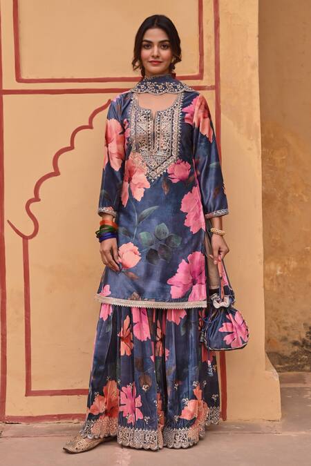 Shop Karaj Jaipur Blue Velvet, Chiffon Embroidery Blossom Print Dori Kurta Sharara Set Online at Aza Fashions Shop_Karaj Jaipur_Blue Velvet, Chiffon Embroidery Blossom Print Dori Kurta Sharara Set _Online_at_Aza_Fashions