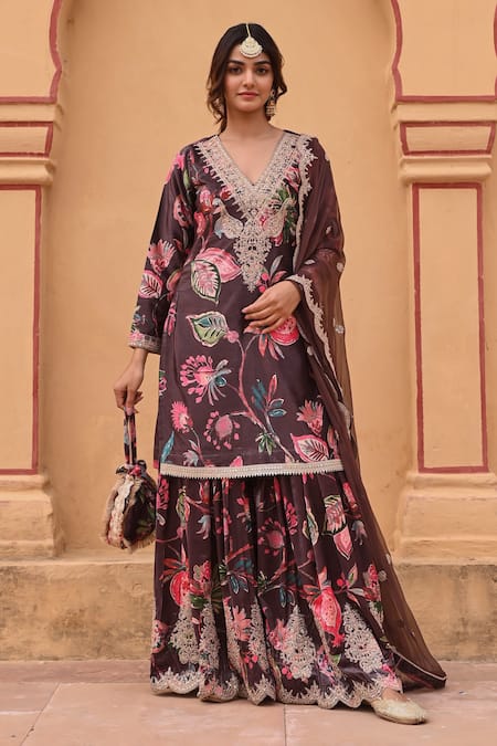 KARAJ JAIPUR Brown Kurta And Sharara Velvet Print Budding Bloom V Neck Dori Embroidered Set 