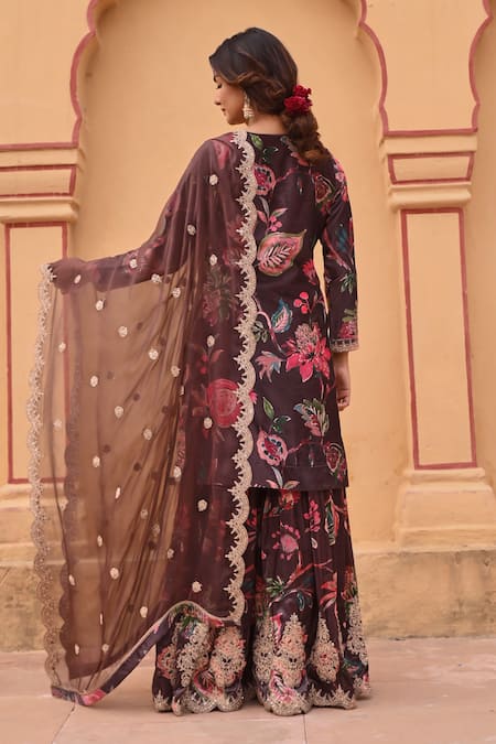 Shop_Karaj Jaipur_Brown Velvet, Chiffon Embroidery Budding Bloom Print Dori Kurta Sharara Set _at_Aza_Fashions