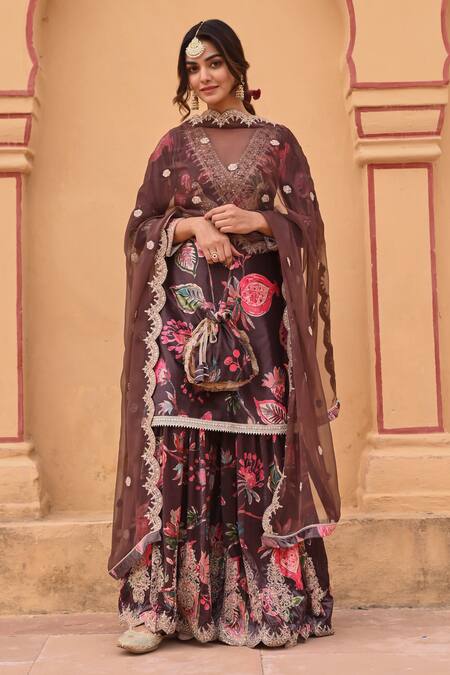 Karaj Jaipur_Brown Velvet, Chiffon Embroidery Budding Bloom Print Dori Kurta Sharara Set _Online_at_Aza_Fashions