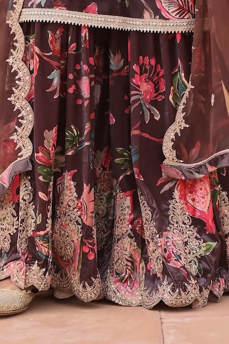 Buy_Karaj Jaipur_Brown Velvet, Chiffon Embroidery Budding Bloom Print Dori Kurta Sharara Set _Online_at_Aza_Fashions