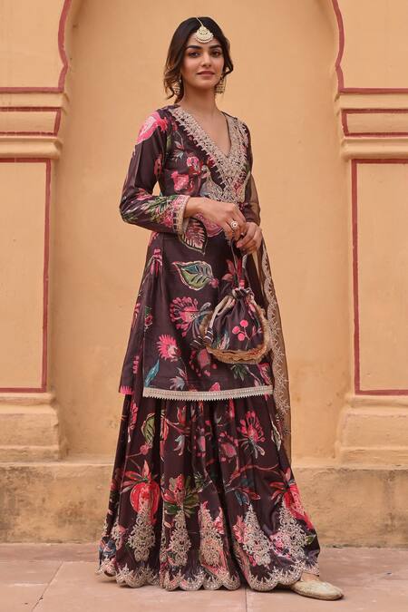 Shop_Karaj Jaipur_Brown Velvet, Chiffon Embroidery Budding Bloom Print Dori Kurta Sharara Set _Online_at_Aza_Fashions