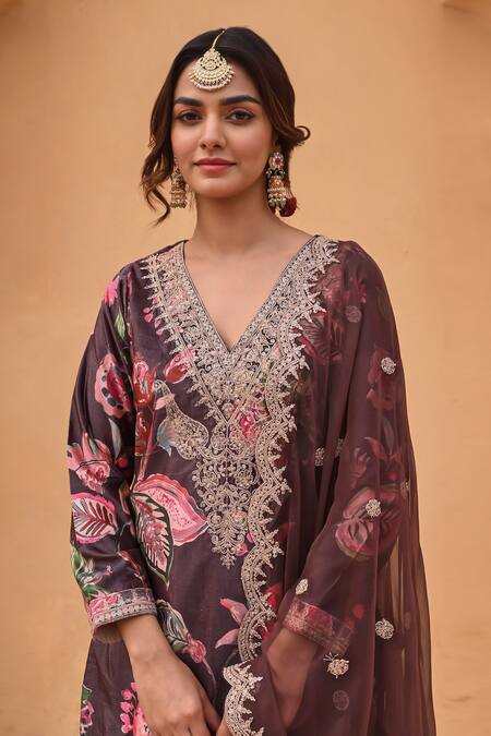 Karaj Jaipur_Brown Velvet, Chiffon Embroidery Budding Bloom Print Dori Kurta Sharara Set _at_Aza_Fashions