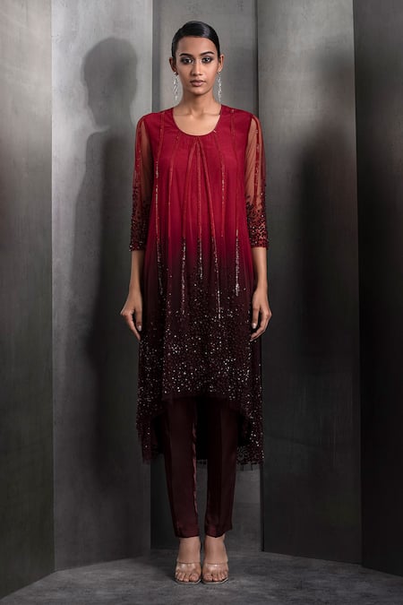 Rohit Gandhi + Rahul Khanna Red Tulle Embroidered Sequin Round Gradient High-low Kurta With Pant 
