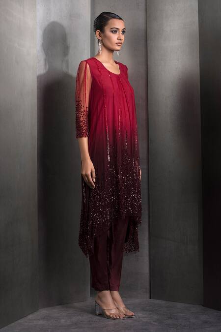 Rohit Gandhi + Rahul Khanna_Red Tulle Sequins, Crystals Round Gradient Embroidered High-low Kurta With Pant _Online_at_Aza_Fashions