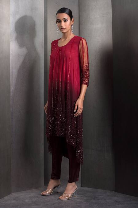 Buy_Rohit Gandhi + Rahul Khanna_Red Tulle Sequins, Crystals Round Gradient Embroidered High-low Kurta With Pant _Online_at_Aza_Fashions