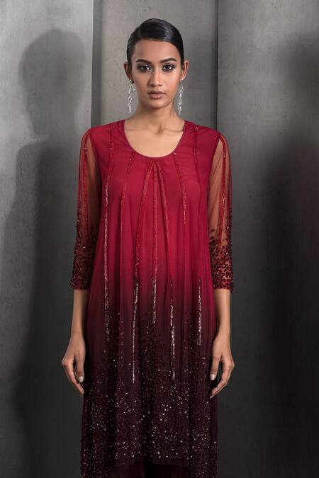 Shop_Rohit Gandhi + Rahul Khanna_Red Tulle Sequins, Crystals Round Gradient Embroidered High-low Kurta With Pant _Online_at_Aza_Fashions