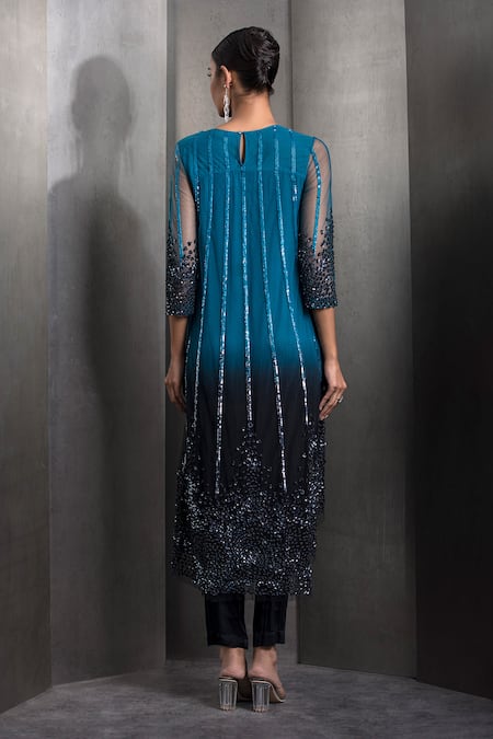 Rohit Gandhi + Rahul Khanna Sequin Gradient Embroidered High-Low Kurta With Pant 