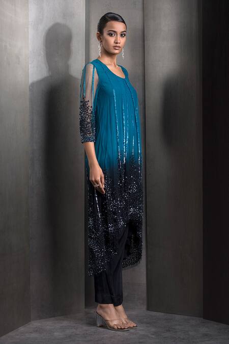 Rohit Gandhi + Rahul Khanna_Blue Tulle Sequins, Crystals Round Gradient Embroidered High-low Kurta With Pant _Online_at_Aza_Fashions
