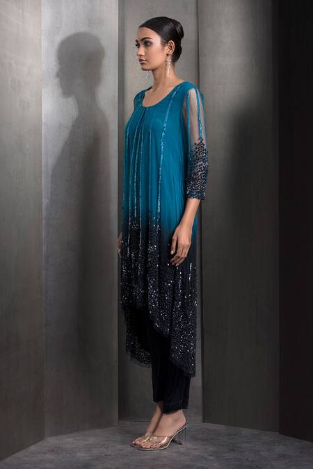 Buy_Rohit Gandhi + Rahul Khanna_Blue Tulle Sequins, Crystals Round Gradient Embroidered High-low Kurta With Pant _Online_at_Aza_Fashions