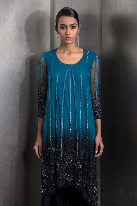 Shop_Rohit Gandhi + Rahul Khanna_Blue Tulle Sequins, Crystals Round Gradient Embroidered High-low Kurta With Pant _Online_at_Aza_Fashions