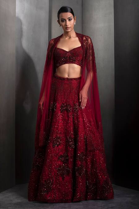 Rohit Gandhi + Rahul Khanna_Grey Tulle Sequins, Crystals Sweetheart Neck Floral Embroidered Lehenga Set _Online_at_Aza_Fashions