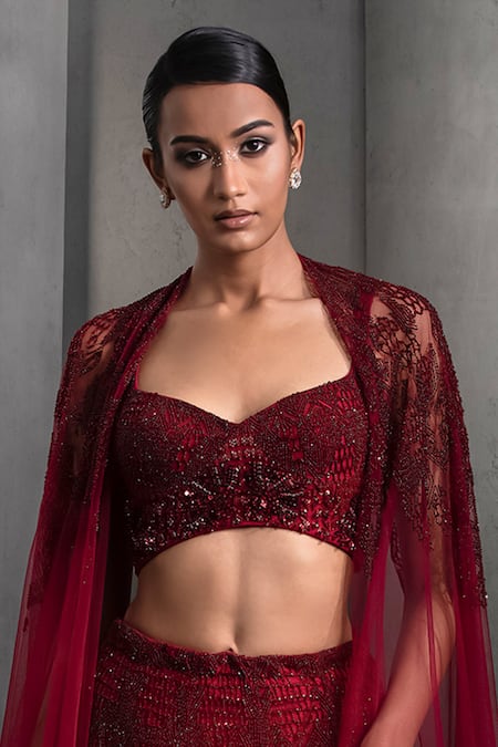 Buy_Rohit Gandhi + Rahul Khanna_Grey Tulle Sequins, Crystals Sweetheart Neck Floral Embroidered Lehenga Set _Online_at_Aza_Fashions