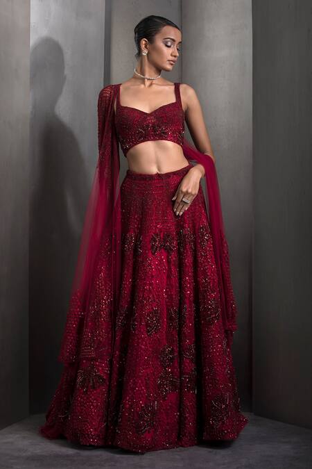 Rohit Gandhi + Rahul Khanna_Grey Tulle Sequins, Crystals Sweetheart Neck Floral Embroidered Lehenga Set _at_Aza_Fashions