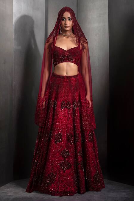 Buy_Rohit Gandhi + Rahul Khanna_Grey Tulle Sequins, Crystals Sweetheart Neck Floral Embroidered Lehenga Set 