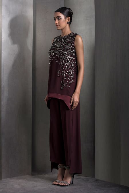 Rohit Gandhi + Rahul Khanna_Maroon Georgette Sequins, Crystals Round Neck Embroidered High-low Top With Pant _Online_at_Aza_Fashions