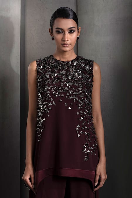 Buy_Rohit Gandhi + Rahul Khanna_Maroon Georgette Sequins, Crystals Round Neck Embroidered High-low Top With Pant _Online_at_Aza_Fashions
