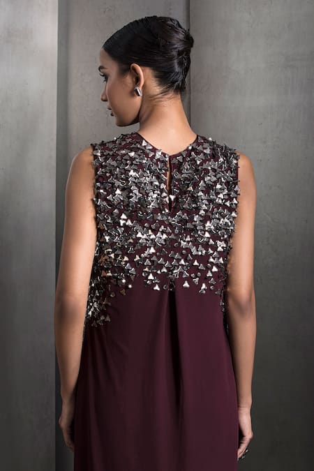 Shop_Rohit Gandhi + Rahul Khanna_Maroon Georgette Sequins, Crystals Round Neck Embroidered High-low Top With Pant _Online_at_Aza_Fashions