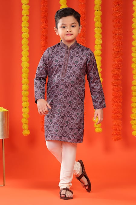 Kora By Nilesh Mitesh Purple Silk Print Floral Kurta With Churidar 