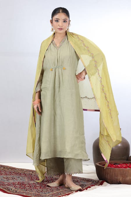 Beige Chanderi Embroidered Yoke Gathered Kurta Set 