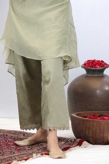 Buy_Beige_Green Chanderi, Cotton Satin Sequins, Beads, Zari, Yoke Gathered Kurta Set