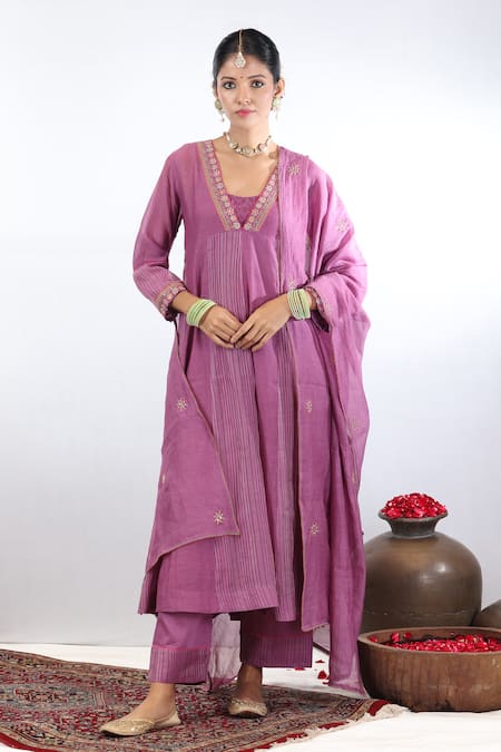 Beige Purple Anarkali Fine Chanderi Embroidered Stripe Pattern Thread Set 