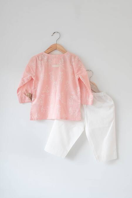 Shop_Love The World Today_Pink Cotton Embroidery Reindeer Print Kurta With Pyjama_at_Aza_Fashions