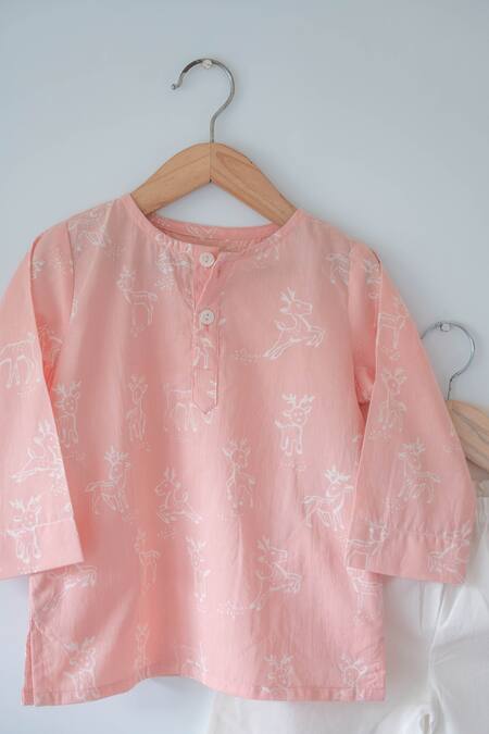 Shop_Love The World Today_Pink Cotton Embroidery Reindeer Print Kurta With Pyjama_Online_at_Aza_Fashions