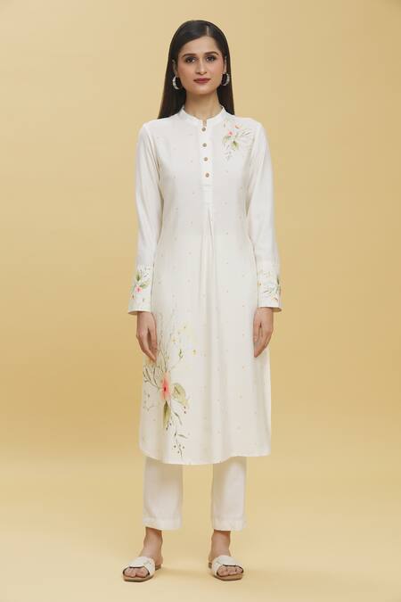 Tina Eapen Collective_White Cotton Silk Printed Floral Mandarin Collar Kurta And Pant Set_Online_at_Aza_Fashions