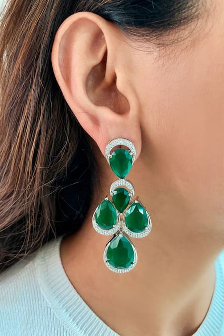 Shop PRERTO Emerald Green Diamonds, Stones Embellished Double-layered Drop Necklace Set at Aza Fashions Shop_PRERTO_Emerald Green Diamonds, Stones Embellished Double-layered Drop Necklace Set _at_Aza_Fashions