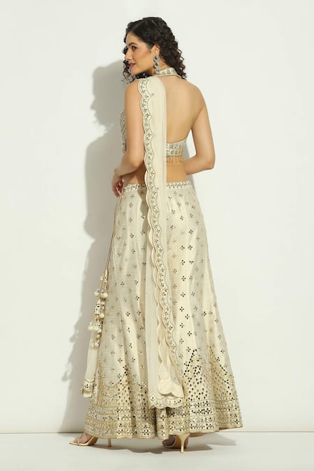 Vandana Sethi_Ivory Silk Crystals, Zari Halter Neck Mirror Embroidered Blouse Sharara Set _Online_at_Aza_Fashions