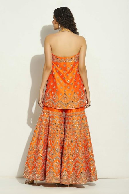 Vandana Sethi Orange Silk, Chiffon Mirrors, Zari Halter Neck Work Kurta Gharara Set Online at Aza Fashions Vandana Sethi_Orange Silk, Chiffon Mirrors, Zari Halter Neck Work Kurta Gharara Set _Online_at_Aza_Fashions
