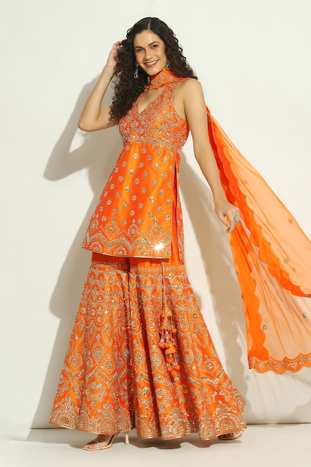Buy Vandana Sethi Orange Silk, Chiffon Mirrors, Zari Halter Neck Work Kurta Gharara Set Online at Aza Fashions Buy_Vandana Sethi_Orange Silk, Chiffon Mirrors, Zari Halter Neck Work Kurta Gharara Set _Online_at_Aza_Fashions