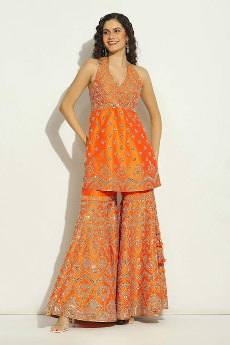 Vandana Sethi Orange Silk, Chiffon Mirrors, Zari Halter Neck Work Kurta Gharara Set at Aza Fashions Vandana Sethi_Orange Silk, Chiffon Mirrors, Zari Halter Neck Work Kurta Gharara Set _at_Aza_Fashions